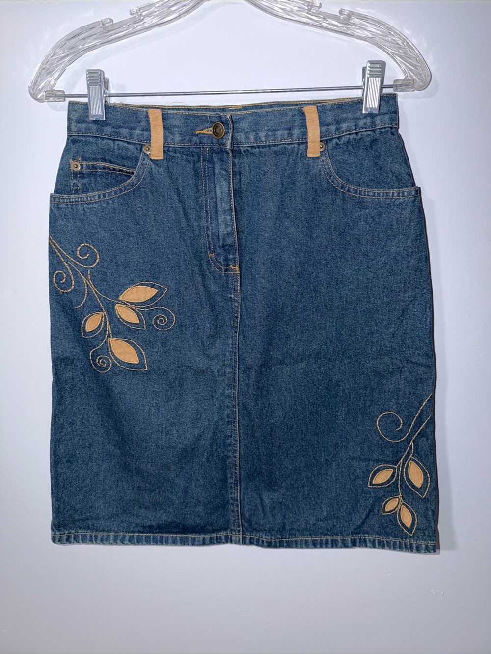 blue embroidered denim skirt contrasting suede-like leaf appliqués & embroidery
